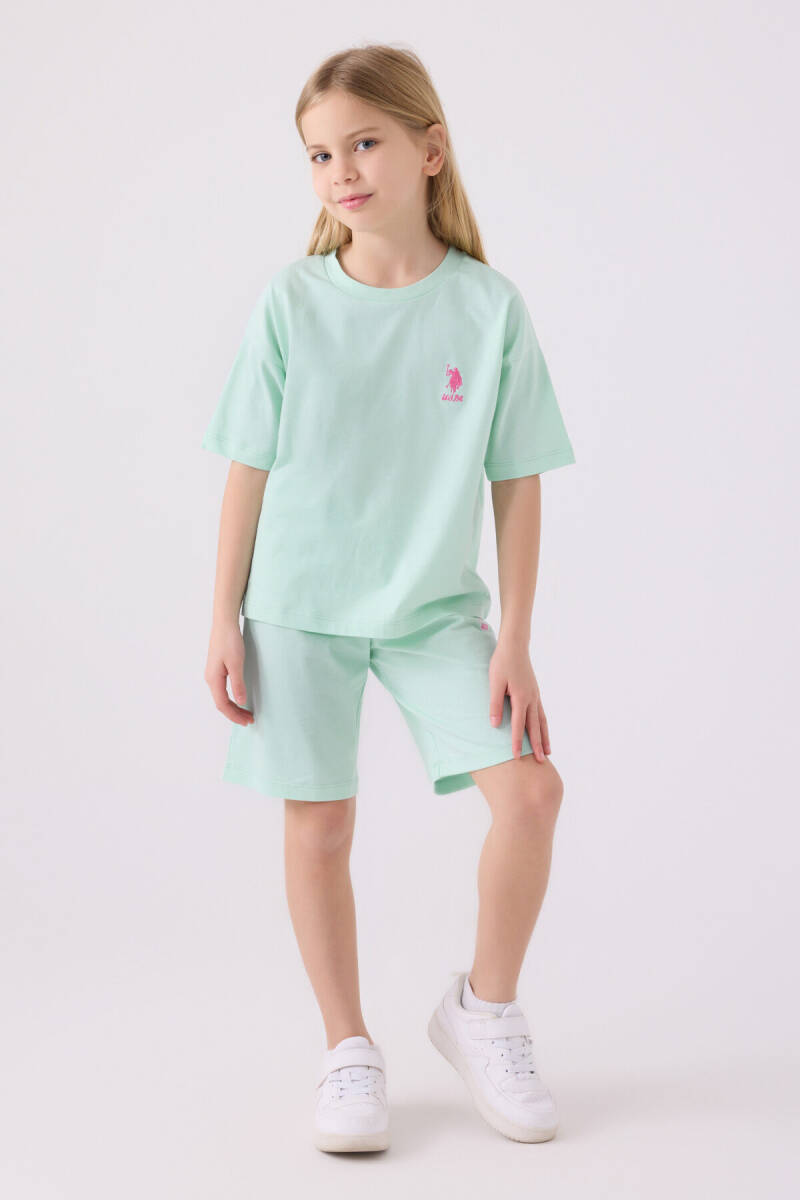 U.S. Polo Assn. Kız Çocuk Pamuklu Bisiklet Yaka Sargı Nakışlı Yazlık Regular Fit Mavi Bermuda Takım US1848-C-V2 - 1
