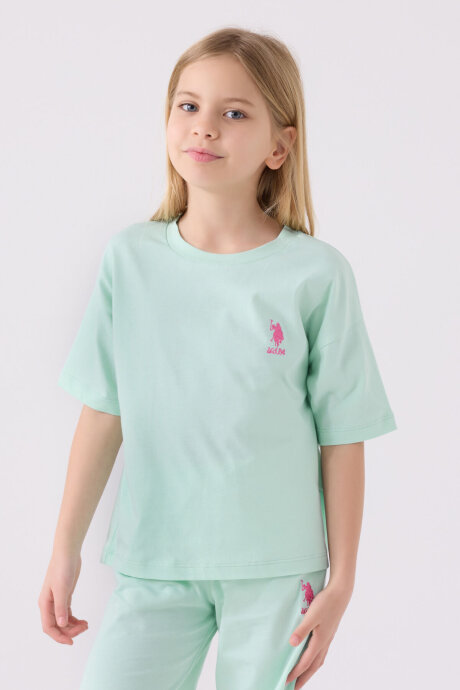 U.S. Polo Assn. Kız Çocuk Pamuklu Bisiklet Yaka Sargı Nakışlı Yazlık Regular Fit Mavi Bermuda Takım US1848-C-V2 (1)