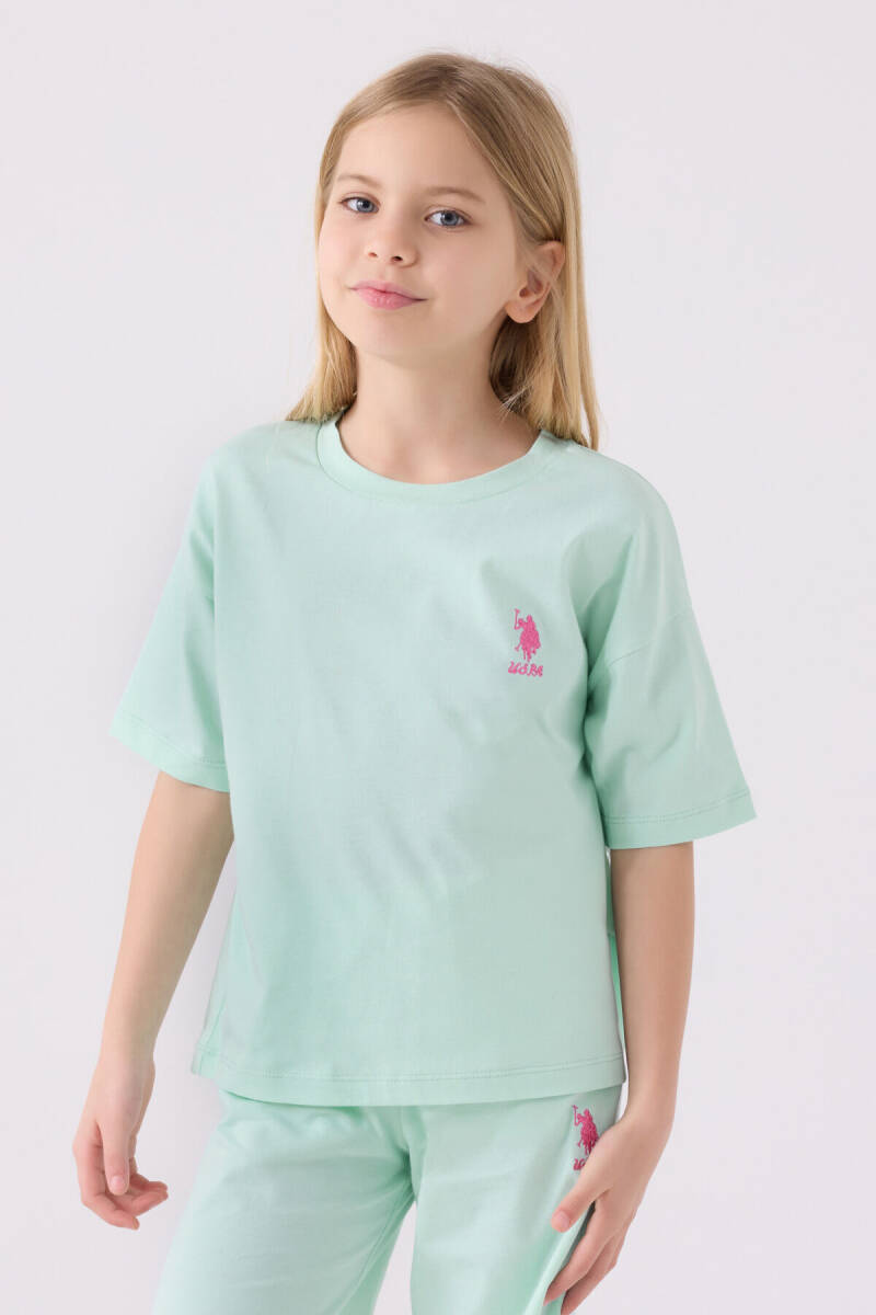 U.S. Polo Assn. Kız Çocuk Pamuklu Bisiklet Yaka Sargı Nakışlı Yazlık Regular Fit Mavi Bermuda Takım US1848-C-V2 - 2