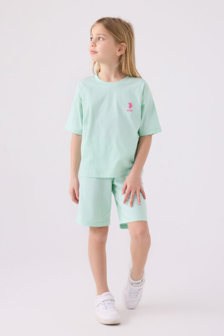 U.S. Polo Assn. Kız Çocuk Pamuklu Bisiklet Yaka Sargı Nakışlı Yazlık Regular Fit Mavi Bermuda Takım US1848-C-V2 - 3