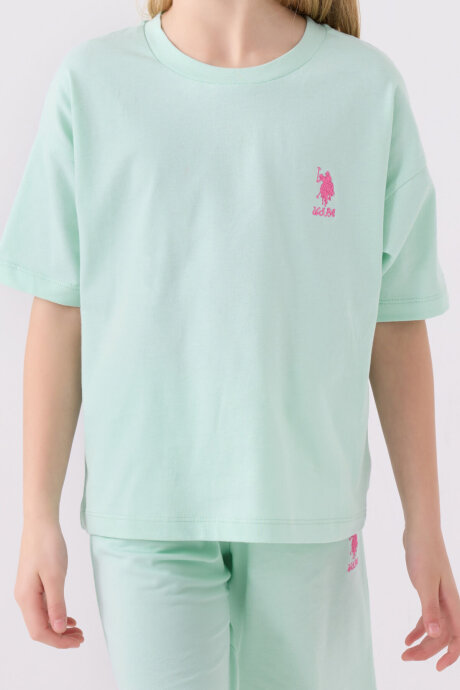 U.S. Polo Assn. Kız Çocuk Pamuklu Bisiklet Yaka Sargı Nakışlı Yazlık Regular Fit Mavi Bermuda Takım US1848-C-V2 - 4
