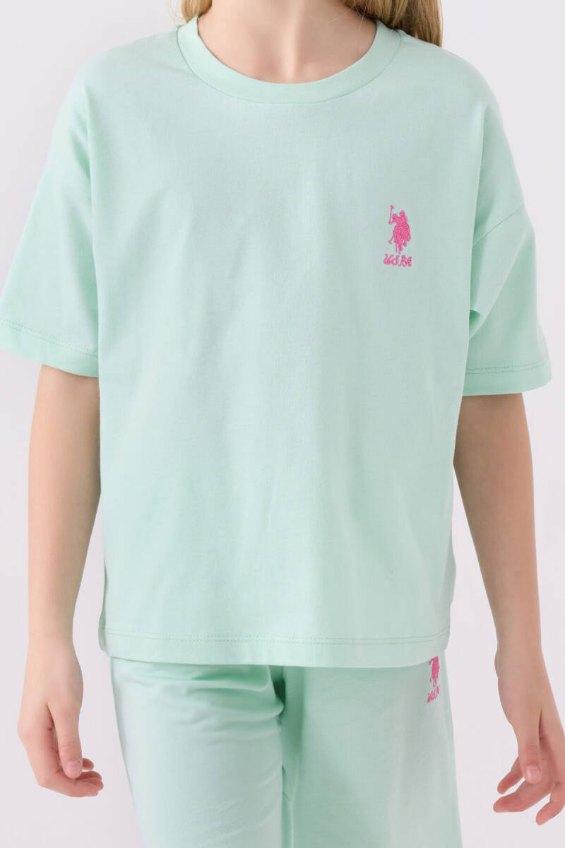 U.S. Polo Assn. Kız Çocuk Pamuklu Bisiklet Yaka Sargı Nakışlı Yazlık Regular Fit Mavi Bermuda Takım US1848-C-V2 - 4