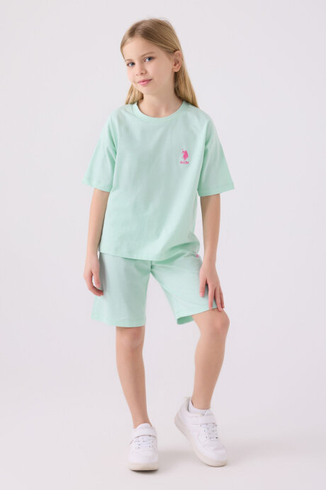 U.S. Polo Assn. Kız Çocuk Bisiklet Yaka Sargı Nakışlı Yazlık Regular Fit Mavi Bermuda Takım US1848-C-V2 