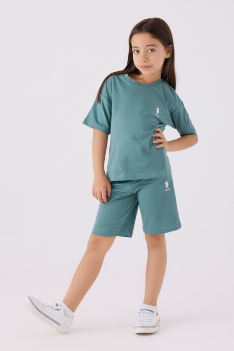 U.S. Polo Assn. Kız Çocuk Pamuklu Bisiklet Yaka Sargı Nakışlı Yazlık Regular Fit Mavi Bermuda Takım US1848-C-V26