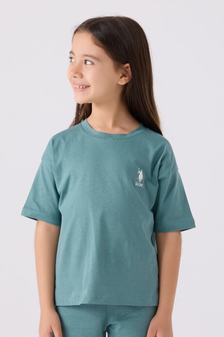 U.S. Polo Assn. Kız Çocuk Pamuklu Bisiklet Yaka Sargı Nakışlı Yazlık Regular Fit Mavi Bermuda Takım US1848-C-V26 - 2