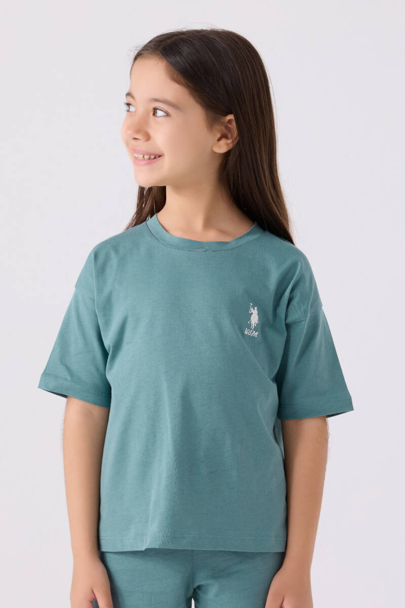U.S. Polo Assn. Kız Çocuk Pamuklu Bisiklet Yaka Sargı Nakışlı Yazlık Regular Fit Mavi Bermuda Takım US1848-C-V26 - 2