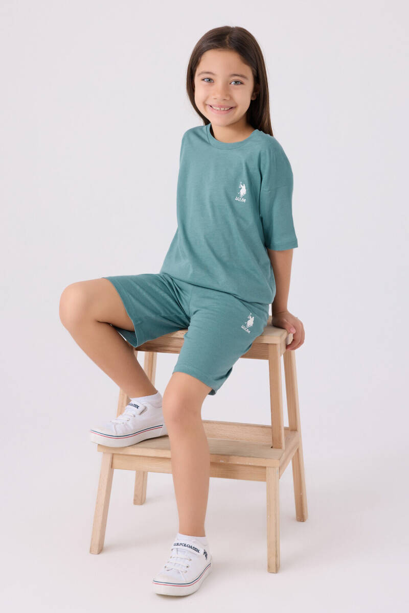 U.S. Polo Assn. Kız Çocuk Pamuklu Bisiklet Yaka Sargı Nakışlı Yazlık Regular Fit Mavi Bermuda Takım US1848-C-V26 - 3