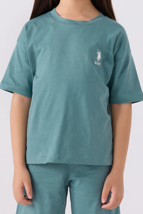 U.S. Polo Assn. Kız Çocuk Pamuklu Bisiklet Yaka Sargı Nakışlı Yazlık Regular Fit Mavi Bermuda Takım US1848-C-V26 - 4