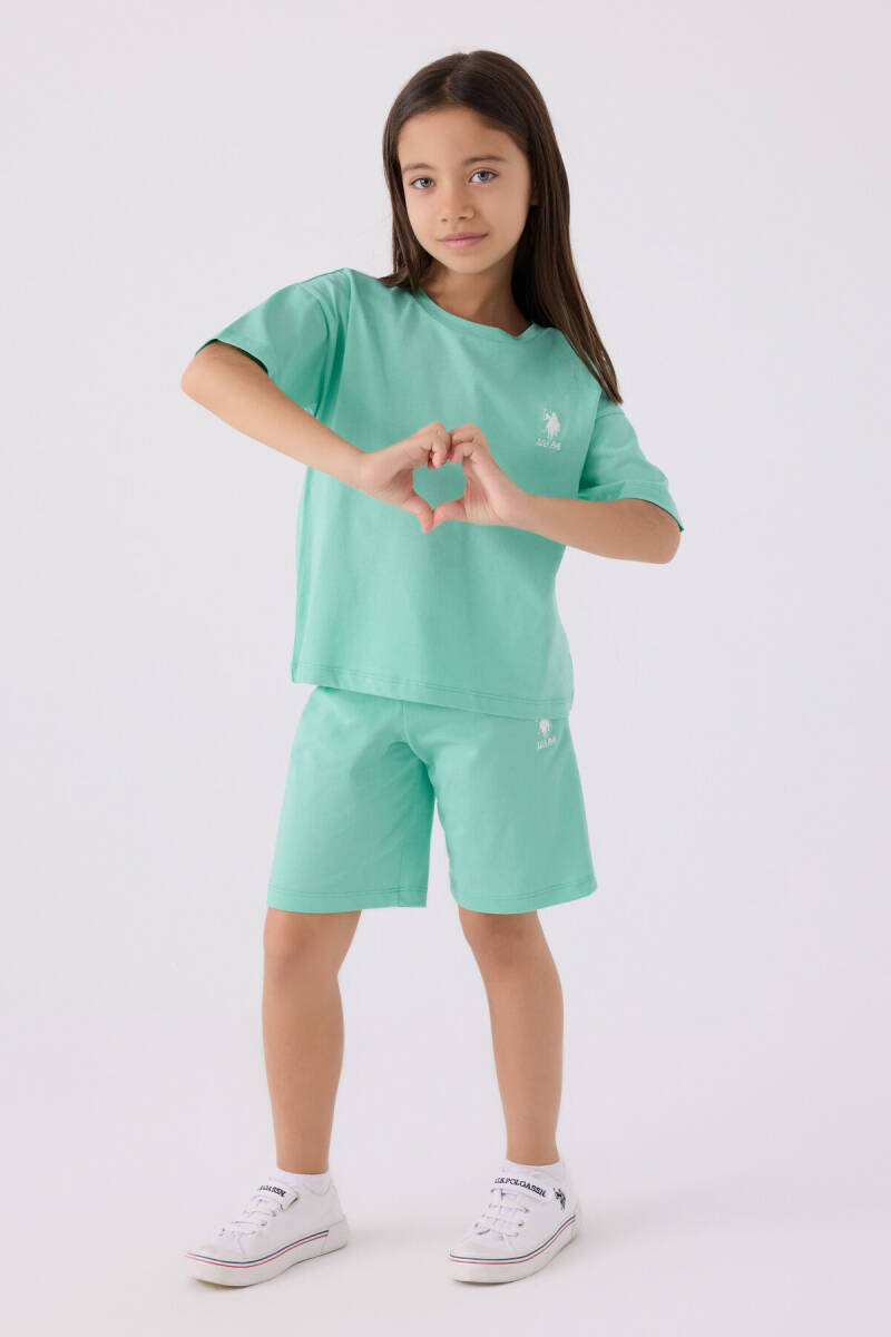 U.S. Polo Assn. Kız Çocuk Pamuklu Bisiklet Yaka Sargı Nakışlı Yazlık Regular Fit Mavi Bermuda Takım US1848-C-V36 - 1