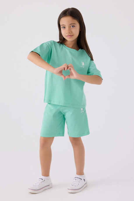 U.S. Polo Assn. Kız Çocuk Bisiklet Yaka Sargı Nakışlı Yazlık Regular Fit Mavi Bermuda Takım US1848-C-V36 