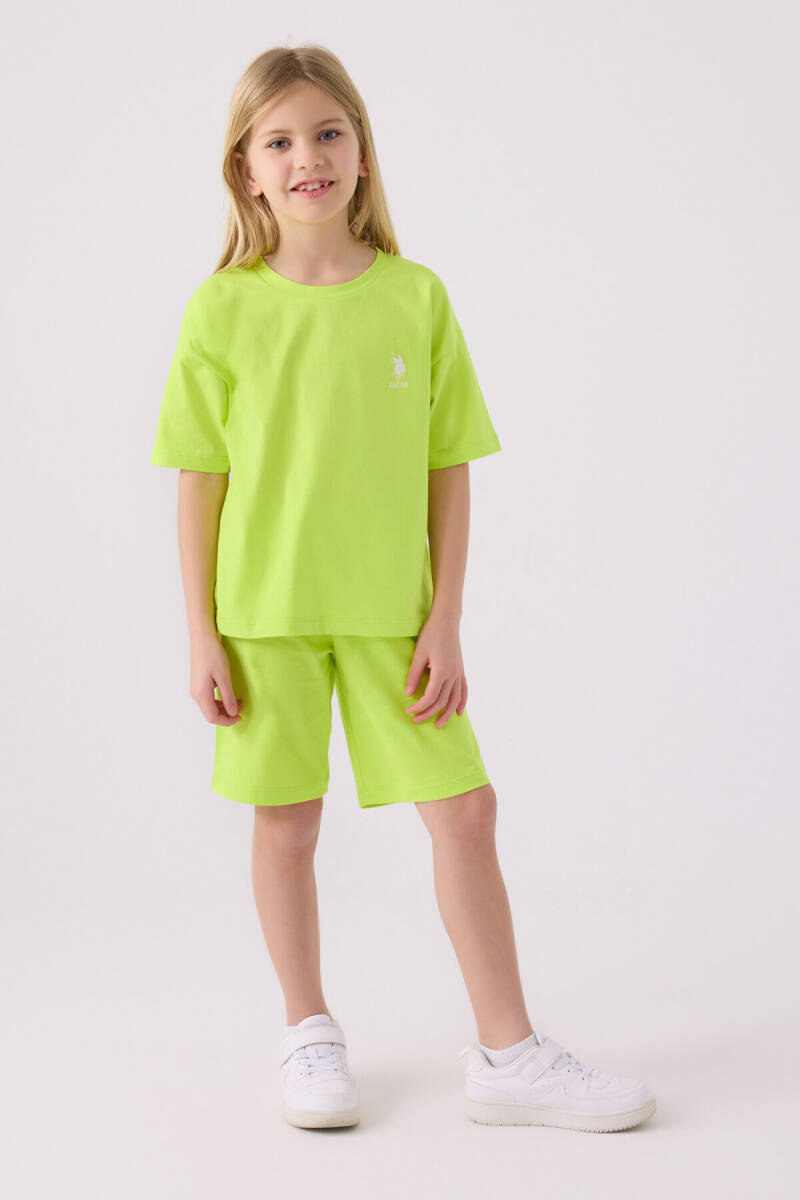 U.S. Polo Assn. Kız Çocuk Pamuklu Bisiklet Yaka Sargı Nakışlı Yazlık Regular Fit Yeşil Bermuda Takım US1848-C-V61 - 1