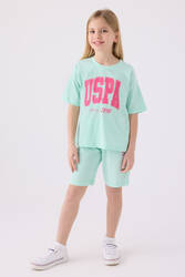 U.S. Polo Assn. Kız Çocuk Pamuklu Bisiklet Yaka Pigment Baskılı Yazlık Regular Fit Mavi Bermuda Takım US1849-C-V2 