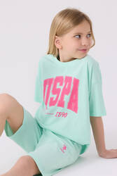 U.S. Polo Assn. Kız Çocuk Pamuklu Bisiklet Yaka Pigment Baskılı Yazlık Regular Fit Mavi Bermuda Takım US1849-C-V2 - 2