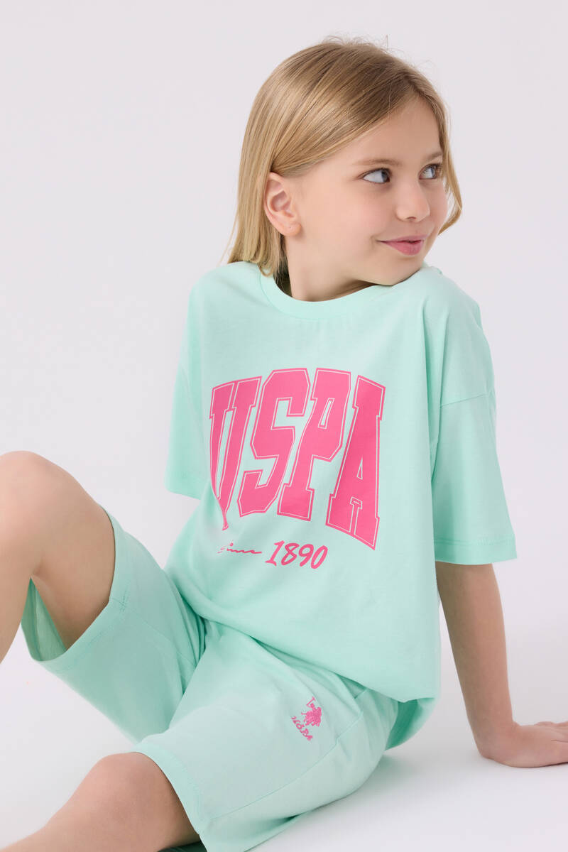 U.S. Polo Assn. Kız Çocuk Pamuklu Bisiklet Yaka Pigment Baskılı Yazlık Regular Fit Mavi Bermuda Takım US1849-C-V2 - 2