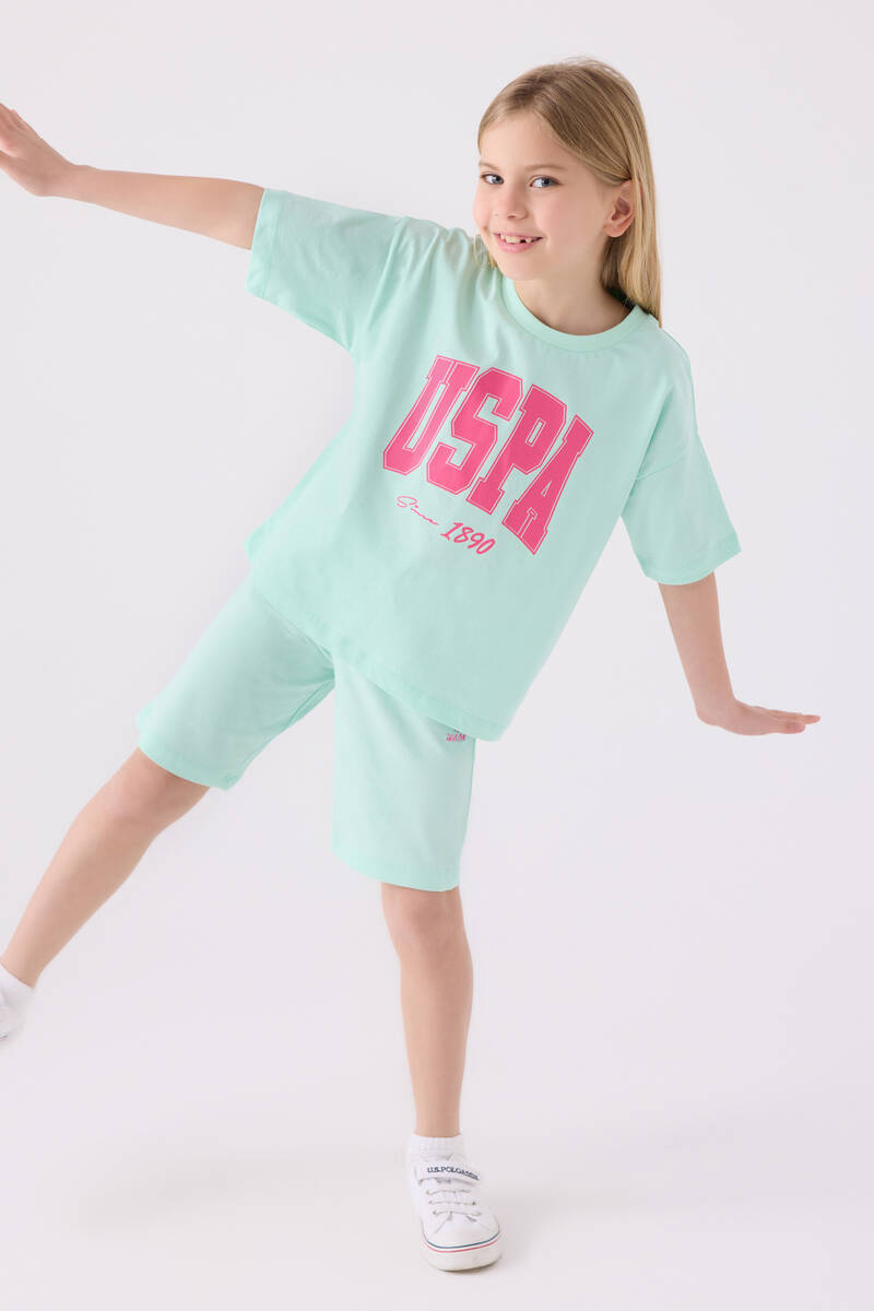 U.S. Polo Assn. Kız Çocuk Pamuklu Bisiklet Yaka Pigment Baskılı Yazlık Regular Fit Mavi Bermuda Takım US1849-C-V2 - 3