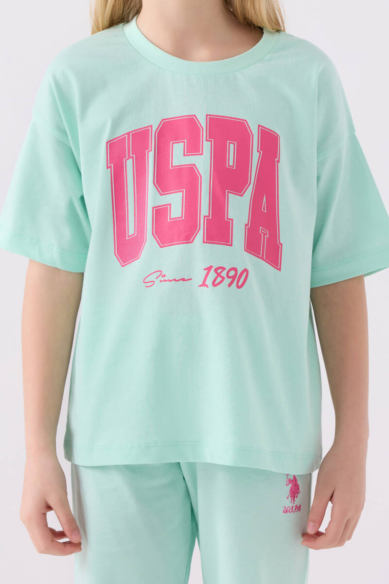 U.S. Polo Assn. Kız Çocuk Pamuklu Bisiklet Yaka Pigment Baskılı Yazlık Regular Fit Mavi Bermuda Takım US1849-C-V2 - 4