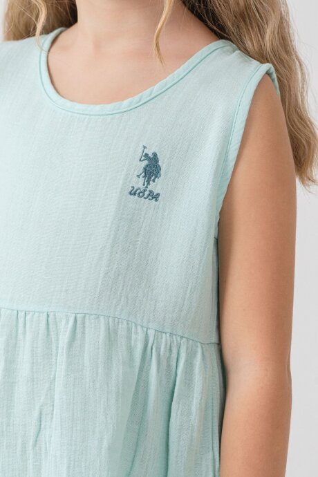 U.S. Polo Assn. Kız Çocuk %100 Pamuk Bisiklet Yaka Nakışlı Yazlık Relaxed Fit Yeşil Elbise US2518-C-V3 - 3