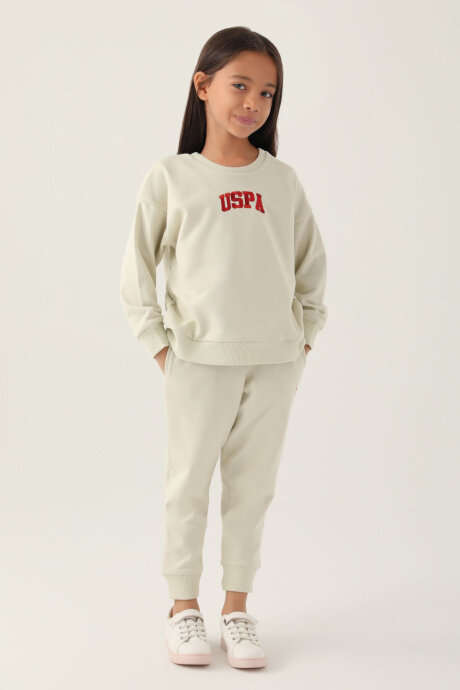 U.S. Polo Assn. Kız Çocuk Pamuklu Bisiklet Yaka Pigment Baskılı Kışlık Regular Fit Bej Eşofman Takımı US1667-C-V1 - 1
