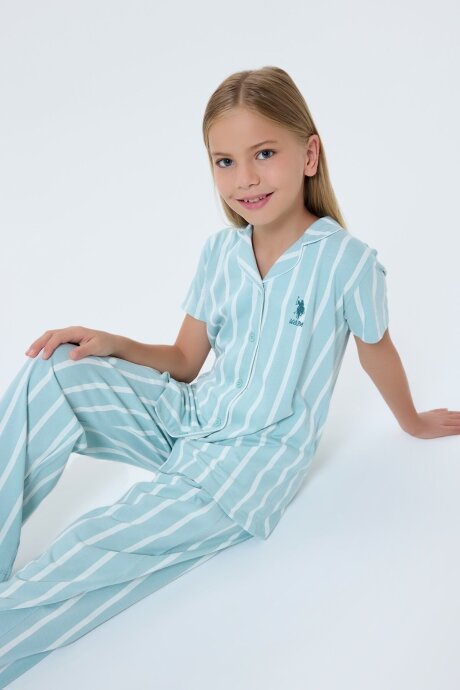 U.S. Polo Assn. Kız Çocuk Gömlek Yaka Nakışlı Yazlık Relaxed Fit Yeşil Pijama Takımı US2533-C-V2