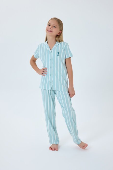 U.S. Polo Assn. Kız Çocuk Gömlek Yaka Nakışlı Yazlık Relaxed Fit Yeşil Pijama Takımı US2533-C-V2 (1)