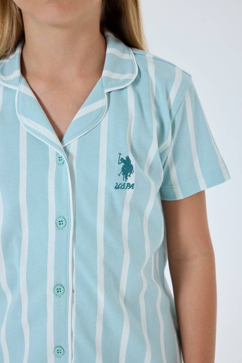 U.S. Polo Assn. Kız Çocuk %100 Pamuk Gömlek Yaka Nakışlı Yazlık Relaxed Fit Yeşil Pijama Takımı US2533-C-V2 - 3