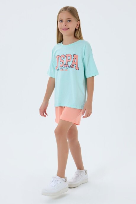 U.S. Polo Assn. Kız Çocuk Bisiklet Yaka Nakışlı Yazlık Regular Fit Yeşil Şort Takım US2521-C-V2