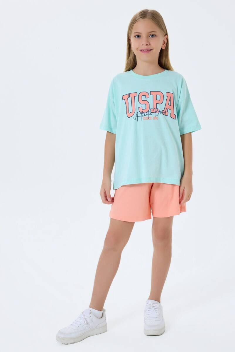 U.S. Polo Assn. Kız Çocuk %100 Pamuk Bisiklet Yaka Nakışlı Yazlık Regular Fit Yeşil Şort Takım US2521-C-V2 - 3