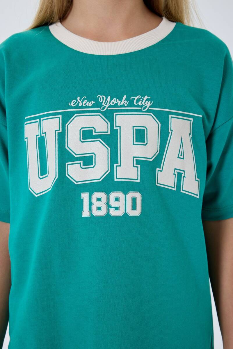 U.S. Polo Assn. Kız Çocuk %100 Pamuk Bisiklet Yaka Nakışlı Yazlık Regular Fit Yeşil Şort Takım US2524-C-V2 - 5