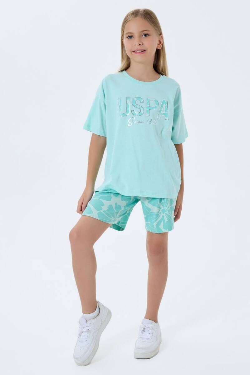 U.S. Polo Assn. Kız Çocuk %100 Pamuk Bisiklet Yaka Nakışlı Yazlık Regular Fit Yeşil Şort Takım US2507-C-V2 - 2