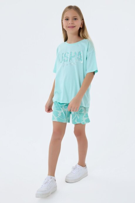 U.S. Polo Assn. Kız Çocuk %100 Pamuk Bisiklet Yaka Nakışlı Yazlık Regular Fit Yeşil Şort Takım US2507-C-V2 - 3