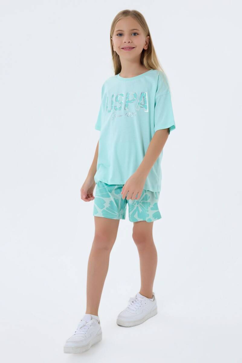 U.S. Polo Assn. Kız Çocuk %100 Pamuk Bisiklet Yaka Nakışlı Yazlık Regular Fit Yeşil Şort Takım US2507-C-V2 - 3