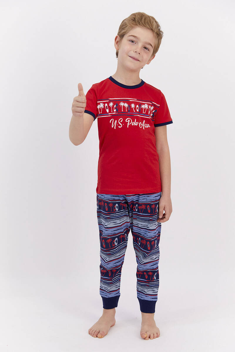 U.S. Polo Assn - U.S. Polo Assn Lisanslı Skate Kırmızı Lacivert Genç Erkek Kısa Kol Pijama Takımı (1)