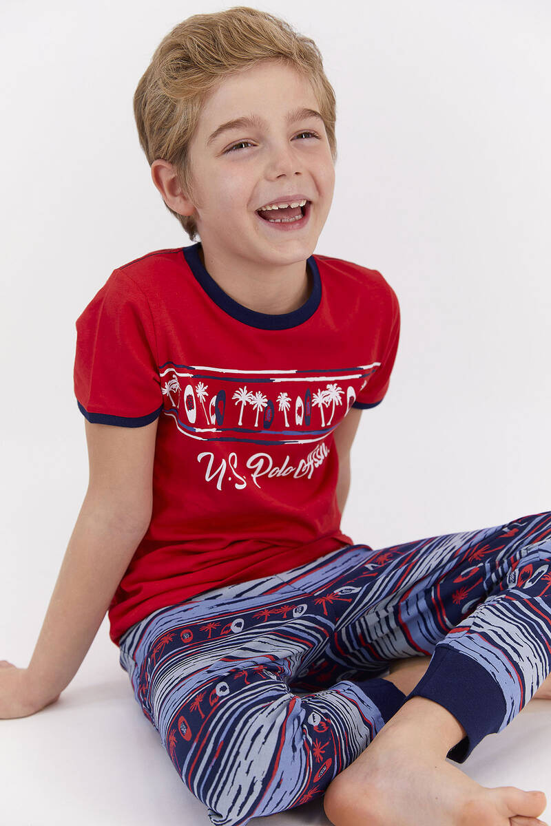 U.S. Polo Assn - U.S. Polo Assn Lisanslı Skate Kırmızı Lacivert Genç Erkek Kısa Kol Pijama Takımı