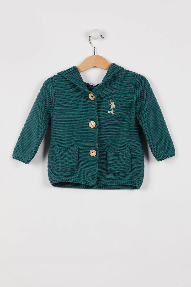 U.S. Polo Assn Lisanslı Triko Düğmeli Yeşil Erkek Bebek Kapüşonlu Hırka