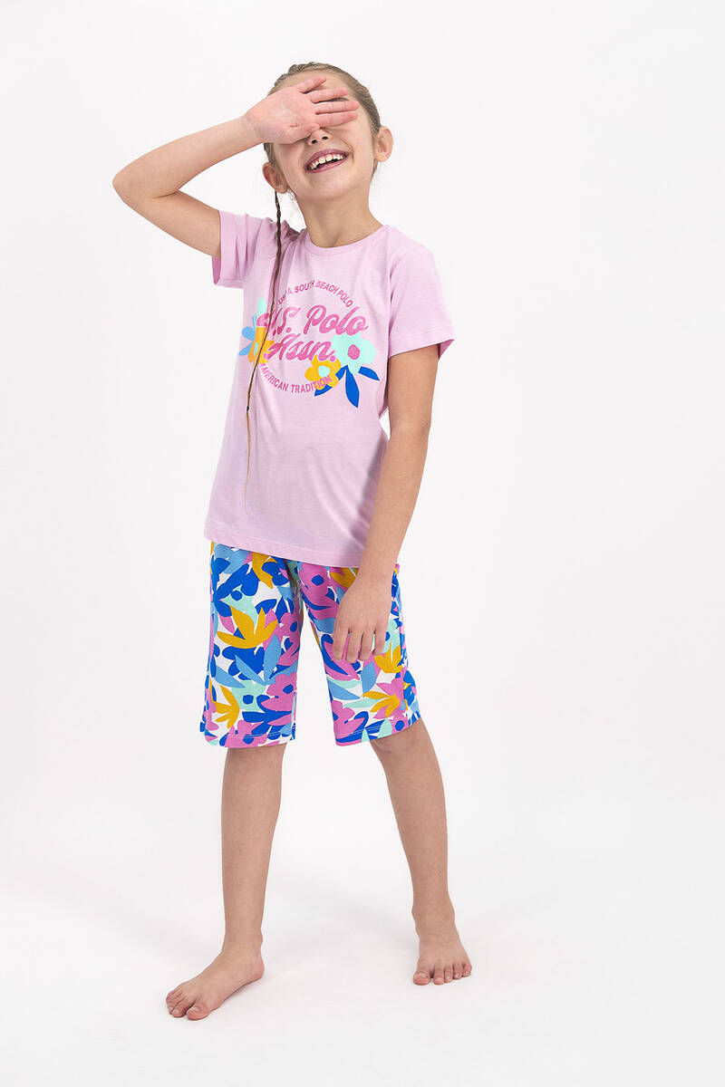 U.S. Polo Assn Lisanslı Floral Pattern Toz Pembe Kız Çocuk Kapri Takım