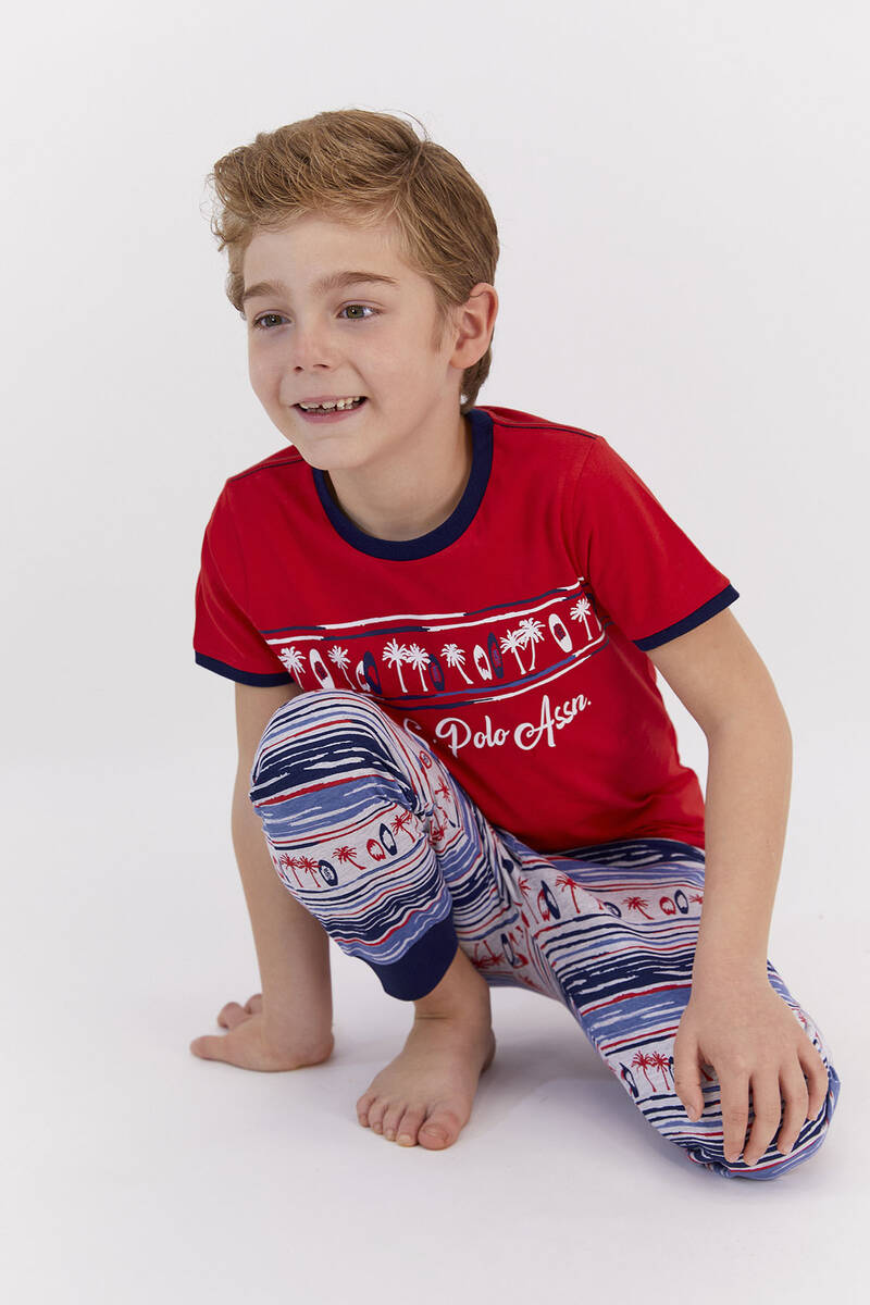 U.S. Polo Assn - U.S. Polo Assn Lisanslı Skate Kırmızı Krem Genç Erkek Kısa Kol Pijama Takımı (1)