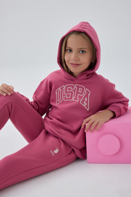 U.S. Polo Assn. Kız Çocuk Pamuklu Kapüşonlu Nakışlı Kışlık Regular Fit Bordo Eşofman Takımı US1205-C-V3 - 5