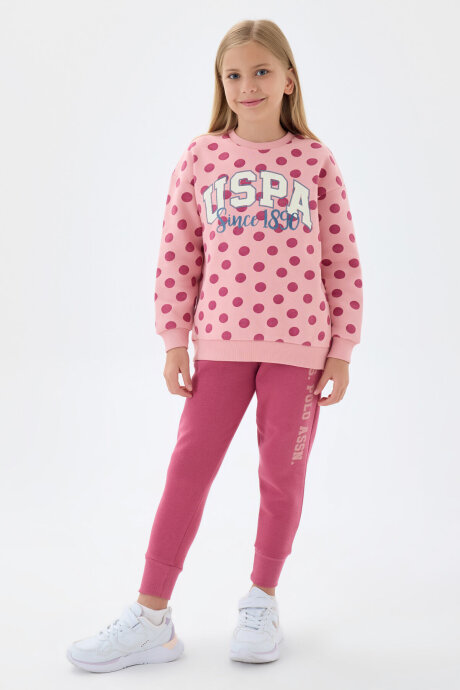 U.S. Polo Assn. Kız Çocuk Pamuklu Bisiklet Yaka Allover Baskılı Kışlık Regular Fit Pembe Eşofman Takımı US1230-C-V1 (1)