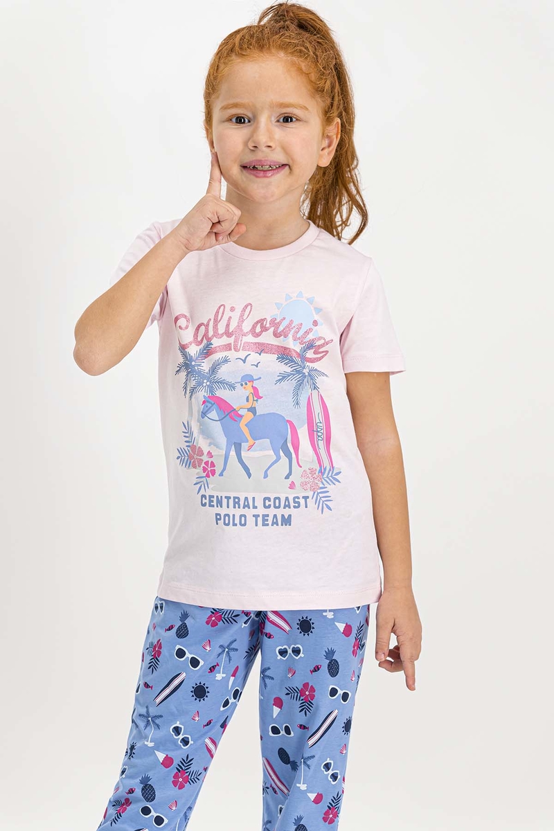 U.S. Polo Assn Lisanslı Toz Pembe Kısa Kollu Kız Çocuk Pijama Takımı