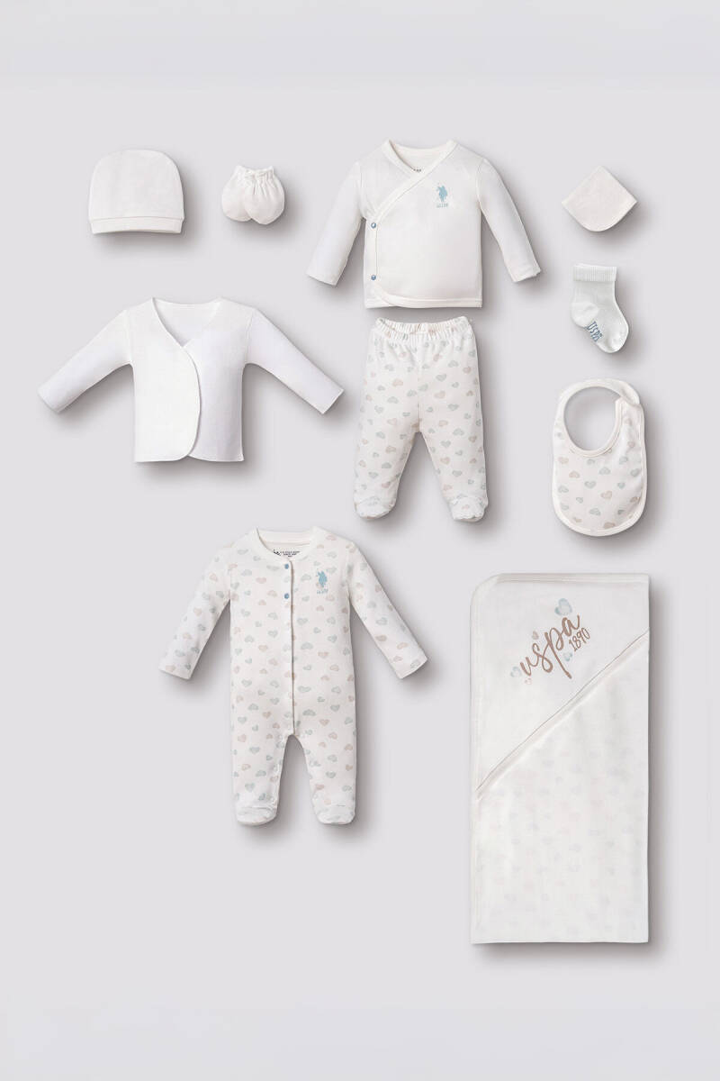 U.S. Polo Assn. Nakışlı Kız Bebek %100 Pamuk Cute Hearts Beyaz Hastane Çıkışı 10’Lu Set USB3200-C-V1 - 1