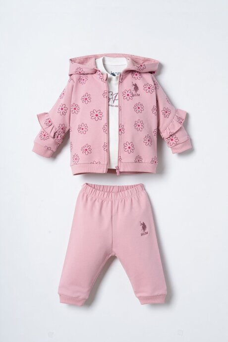 U.S. Polo Assn. Nakışlı Kız Bebek Pamuklu Hırkalı Pembe Uzun Kol Pijama Takım USB3248-C-V1 - 1
