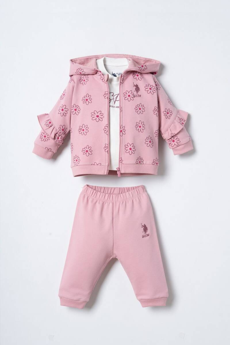 U.S. Polo Assn. Nakışlı Kız Bebek Pamuklu Hırkalı Pembe Uzun Kol Pijama Takım USB3248-C-V1 - 1