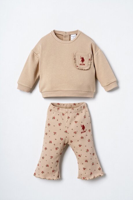 U.S. Polo Assn. Nakışlı Kız Bebek Kahverengi Uzun Kol Pijama Takım USB3251-C-V1 - 1