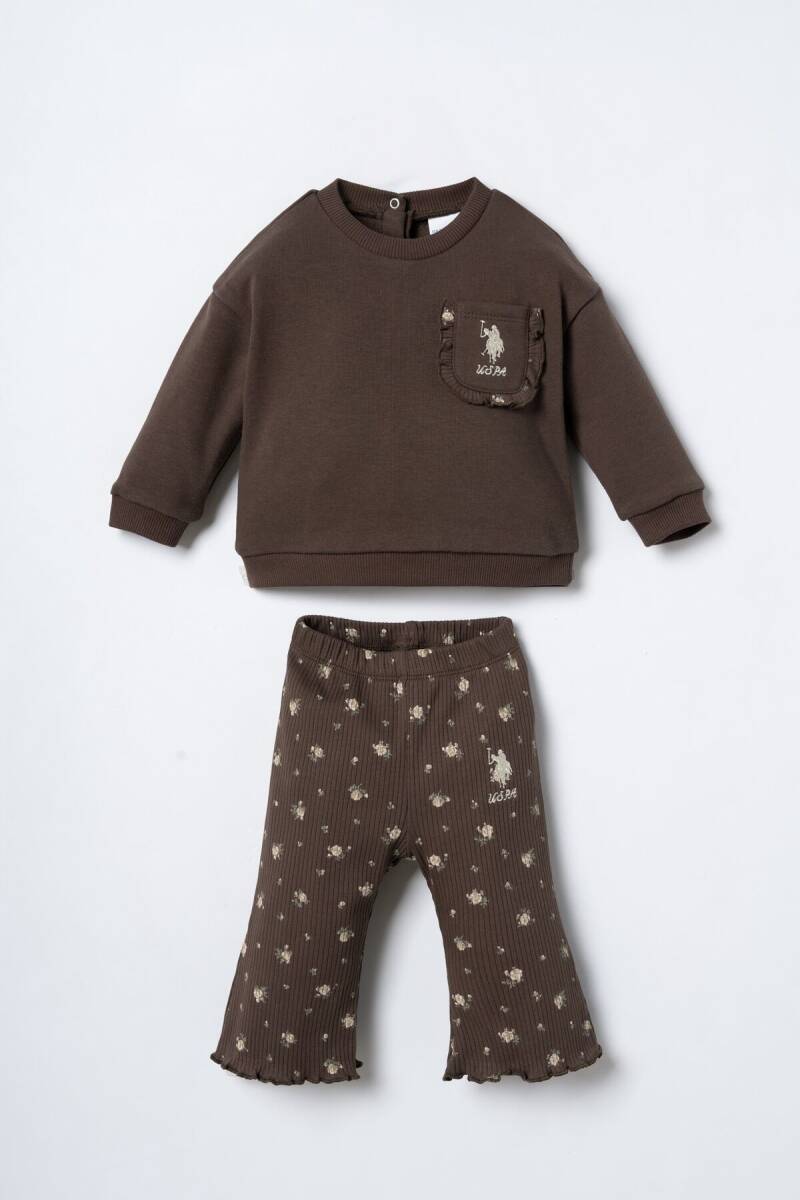 U.S. Polo Assn. Nakışlı Kız Bebek Kahverengi Uzun Kol Pijama Takım USB3251-C-V2 - 1