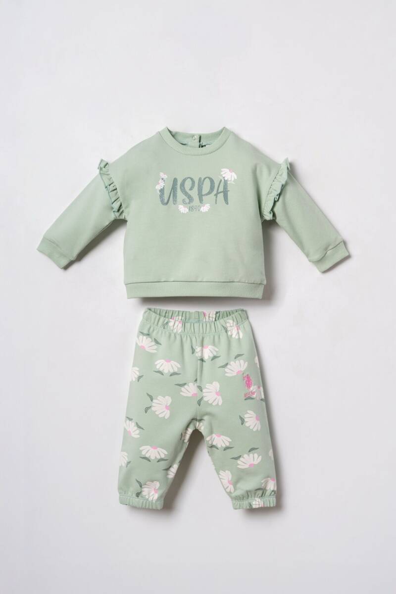U.S. Polo Assn. Nakışlı Kız Bebek Pamuklu Yeşil Uzun Kol Pijama Takım USB3259-C-V1 - 1