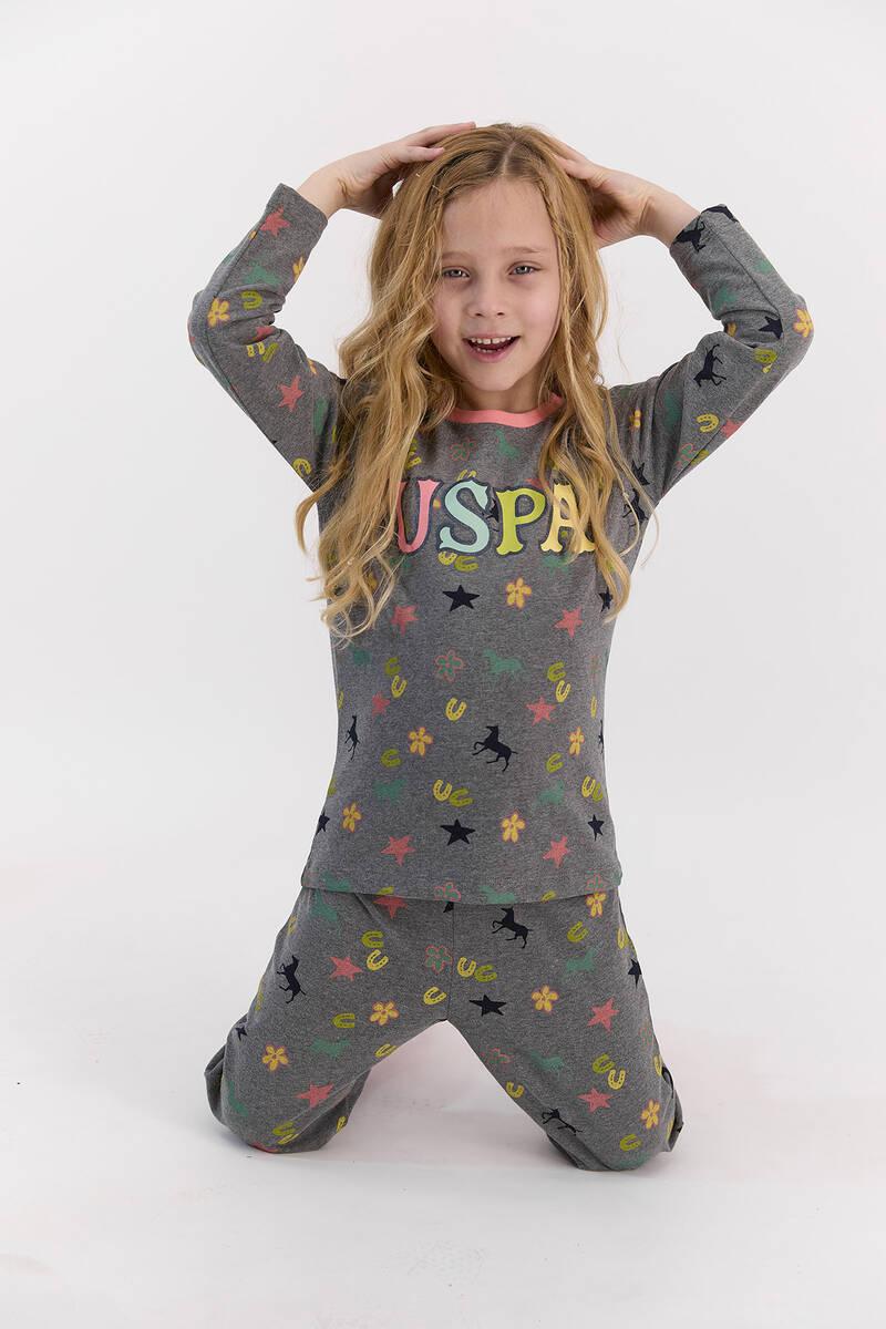 U.S. Polo Assn - U.S. Polo Assn Yıldızlı Açıkmelanj Kız Çocuk Pijama Takımı (1)