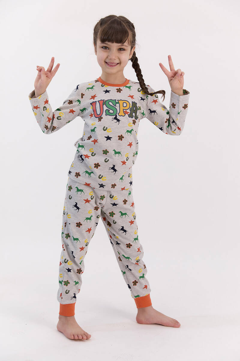 U.S. Polo Assn Yıldızlı Bejmelanj Kız Çocuk Pijama Takımı