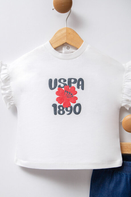 U.S. Polo Assn. Kız Bebek Pamuklu Bisiklet Yaka Pigment Baskılı Yazlık Regular Fit Beyaz Bebek Takımı USB2463-C-V1 (1)