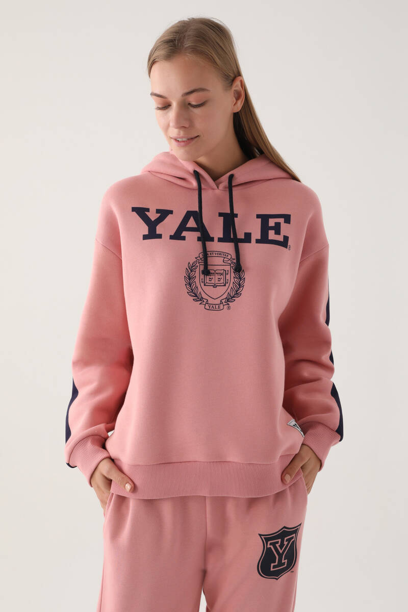 Yale Pembe Kapüşonlu Baskı Detay Kadın Sweatshirt
